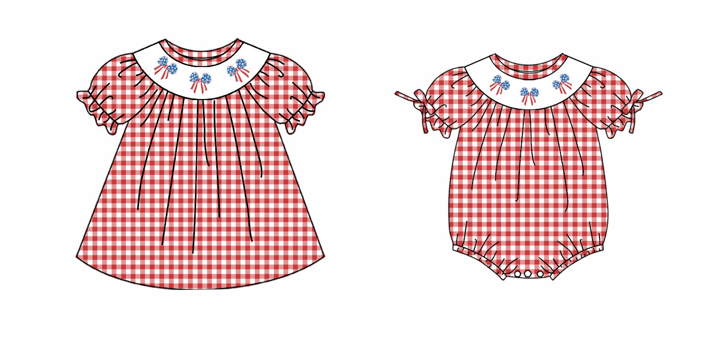 Baby Girl Short Sleeves Bows July 4th Red Plaid Sibling Romper Clothes Dress ( Moq 5 Each Design )11.26