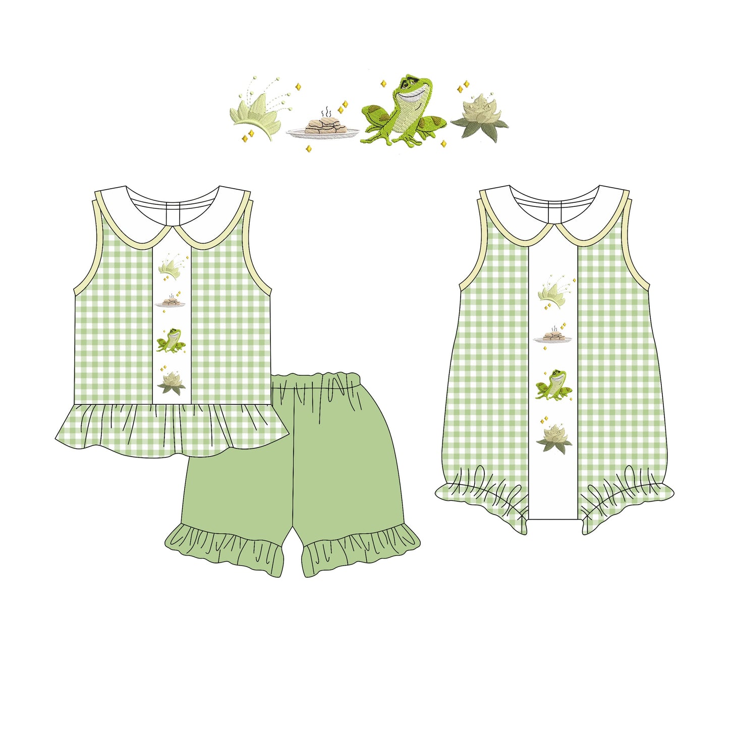 Baby Girl Princess Frogs Green Checked Sibling Romper Set ( Moq 5 Each Style ) 3.17