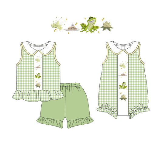 Baby Girl Princess Frogs Green Checked Sibling Romper Set ( Moq 5 Each Style ) 3.17