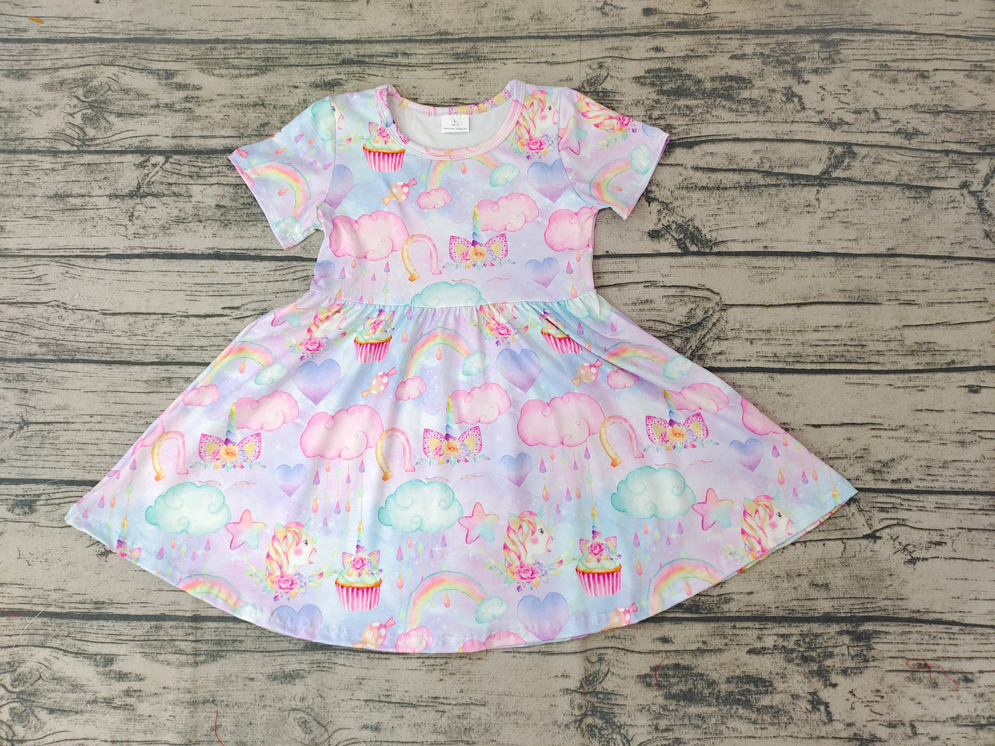 Promotion Baby Girl Rainbow Unicorn Short Sleeves Dress