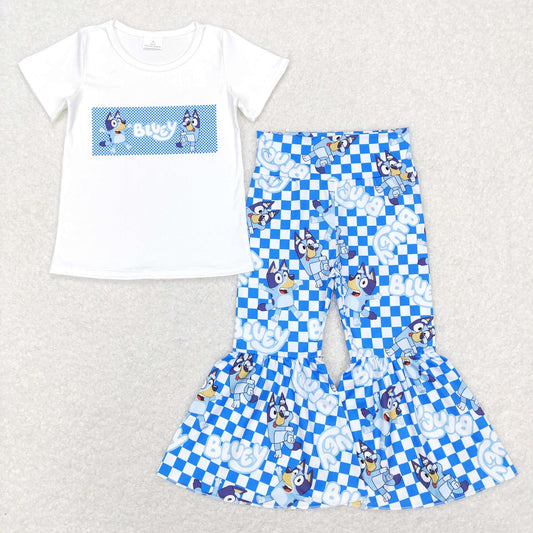 GSPO1174 Baby Girl Short Sleeves Shirt Dogs Bell Pants Blue Set