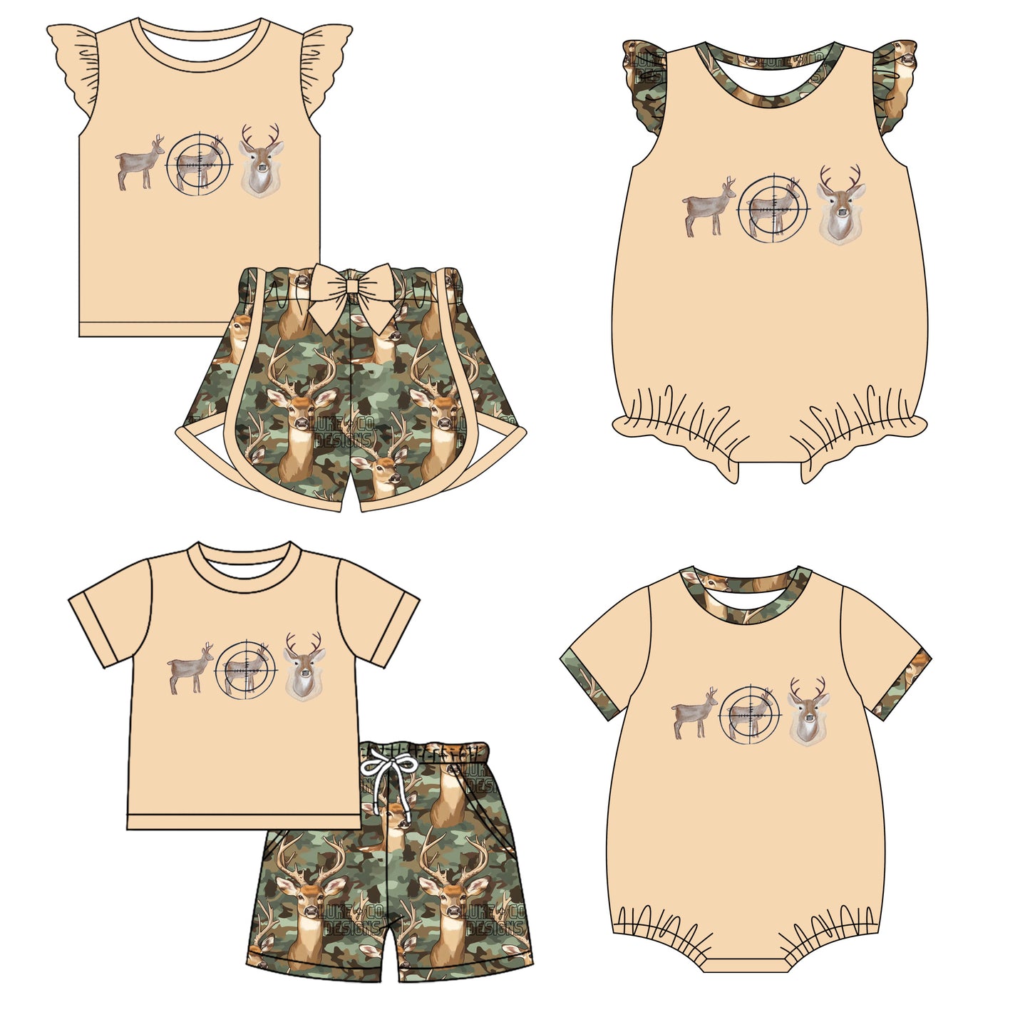 Baby Boy Girl Short Sleeves Deer Camo Hunting Sibling Romper Clothes Set ( Moq 5 Each style ) 11.26
