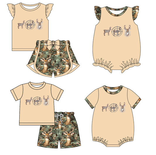 Baby Boy Girl Short Sleeves Deer Camo Hunting Sibling Romper Clothes Set ( Moq 5 Each style ) 11.26