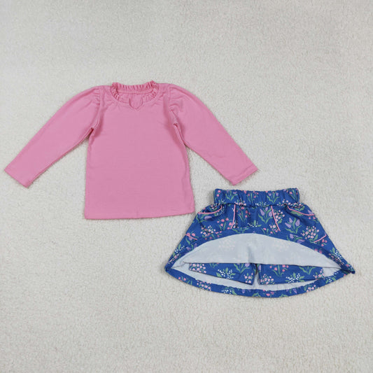 Girls Kids Pink Long Sleeves Cotton Shirt Floral Pockets Skirt Set RTS