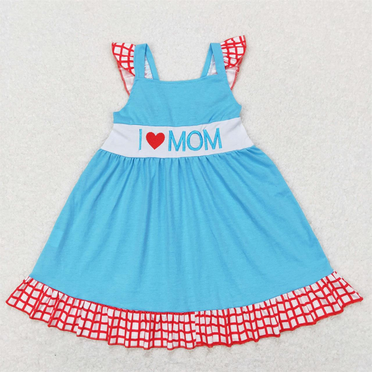 GSD0594 Baby Girl Embroidery I Love Mom Blue Dress