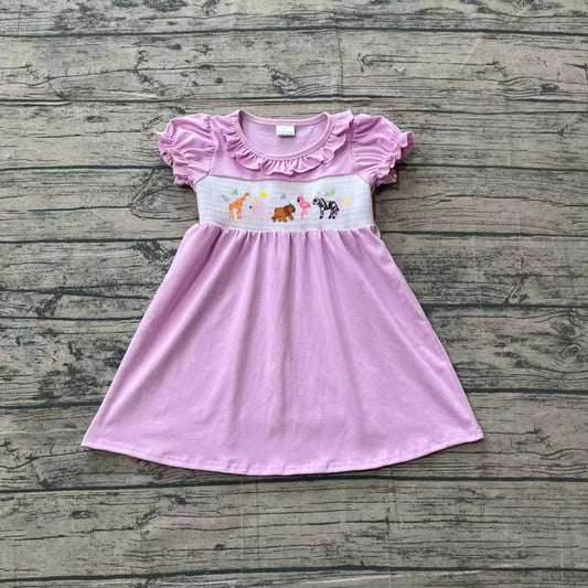 ( No moq ) Preorder Baby Girls Kids Short Sleeves Embroidery Smocked Animals Purple Knee Length Dress