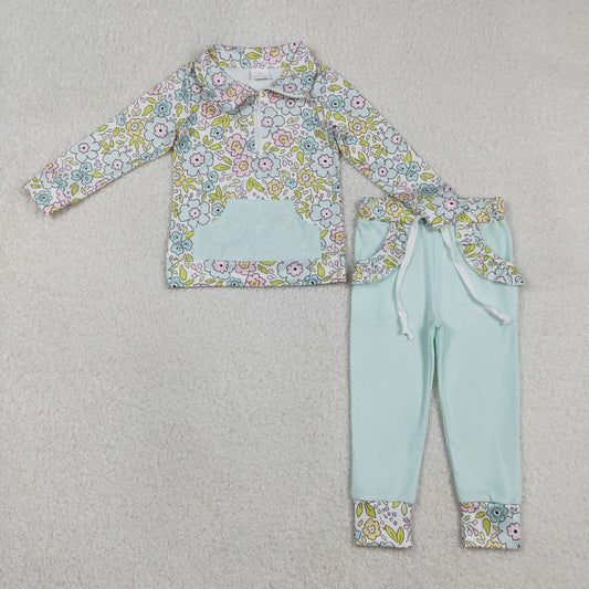 Baby Girls Long Sleeves Flower Zipper Shirt Pockets Green Pants Clothes Set RTS