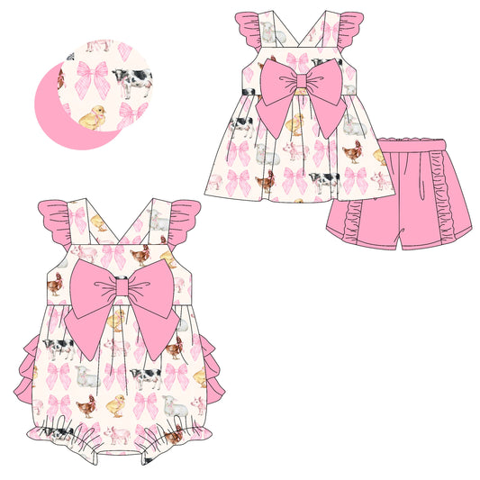 Baby Girl Short Sleeves Farm Animals Bows Sibling Romper Set ( Moq 5 Each Style ) 2.10