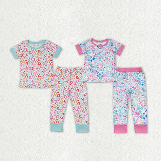 Sibling Baby Girls Short Sleeve Leopard Flower Shirts Pants Pajamas Clothes Sets RTS