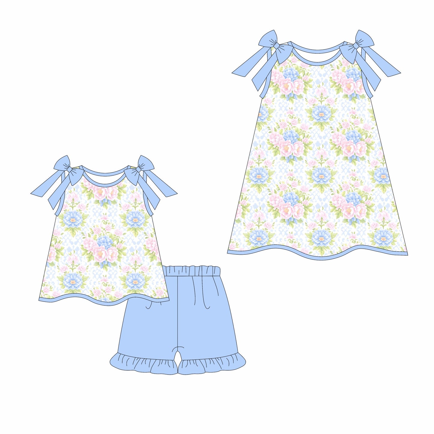 Baby Girl Straps Flower Sibling Blue Dress Set ( Moq 5 Each Style ) 3.17