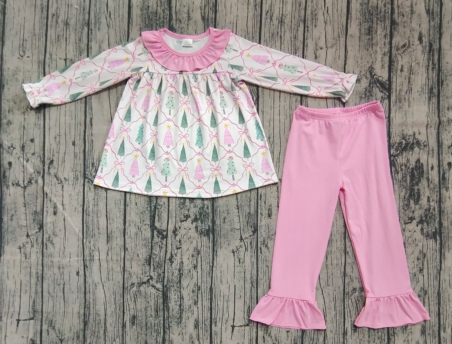 Baby Girl Long Sleeves Trees Bows Ruffle Tunic Pink Pants Christmas Set RTS