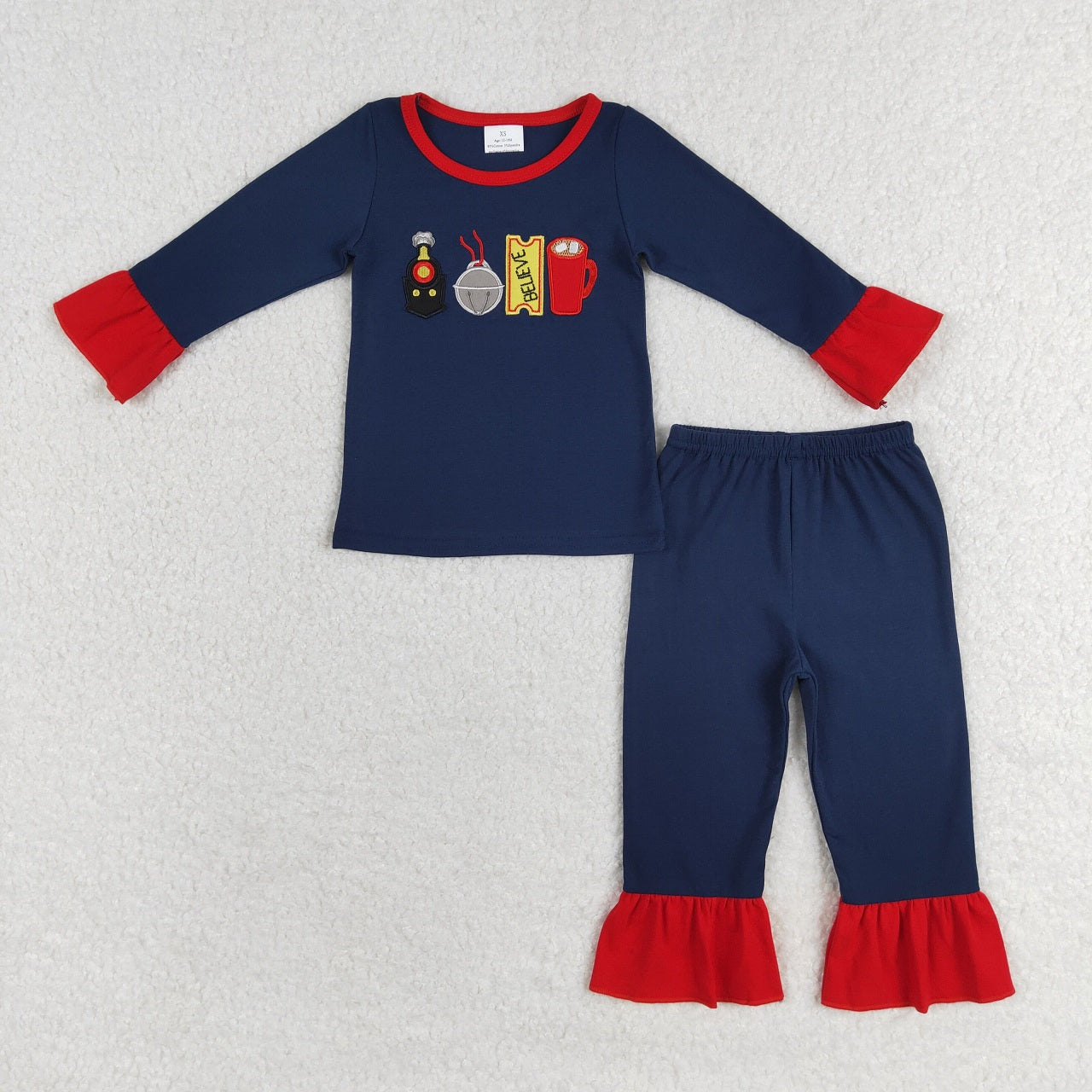 Baby Girl Christmas Embroidery Train Shirts Ruffle Pants Pajamas Set