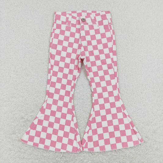 P0348 Baby Girl White Pink Checkered Denim Jeans Bell Pants