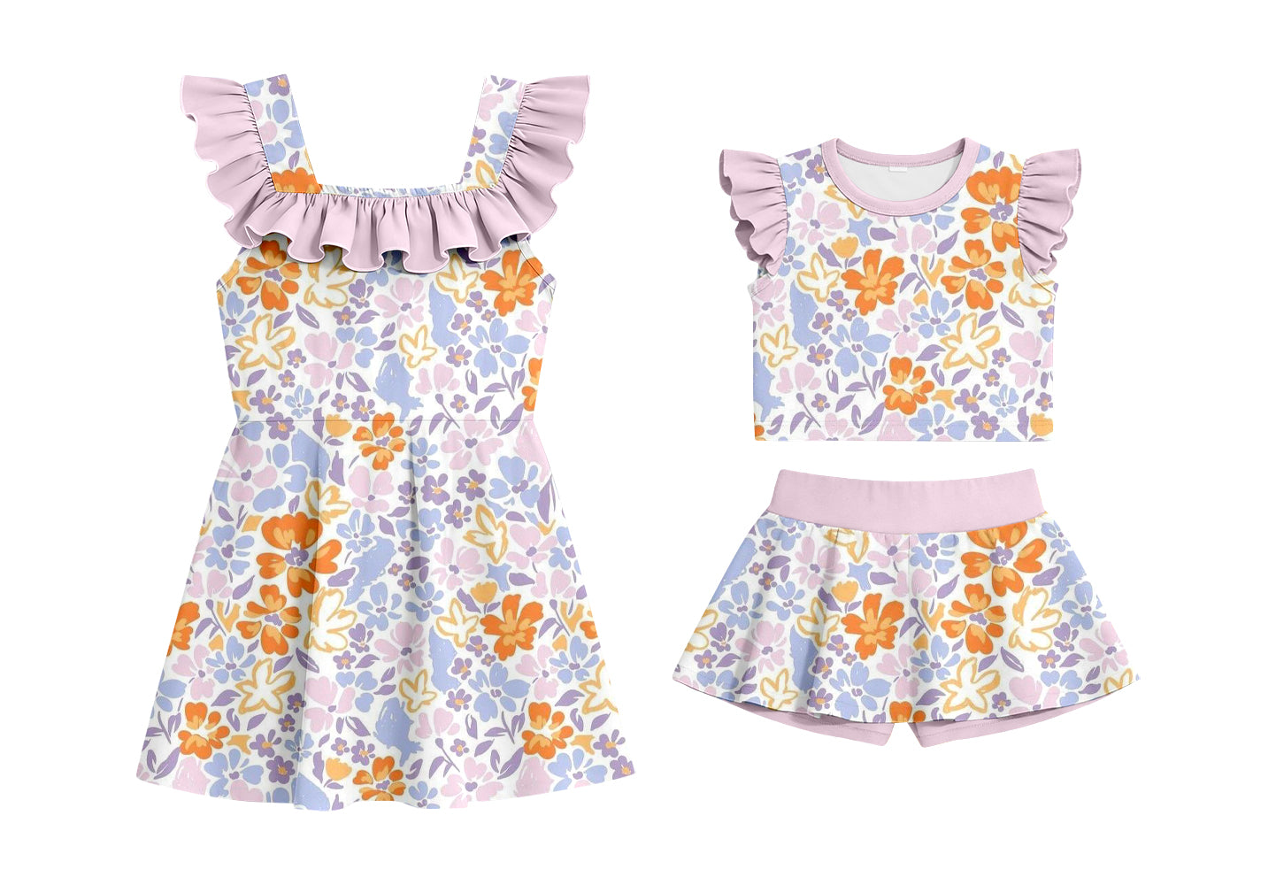 ( Moq 5 Each Style ) Baby Girls Kids Short Sleeves Flower Sibling Summer Ruffle Dress Set