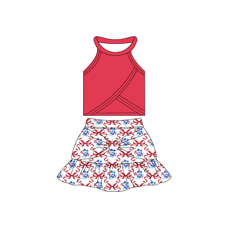 ( Moq 10 ) Baby Girl Sleeveless Red Vest Flowers Bows Ruffle Shorts Skirts Activity Wear Yoga Set