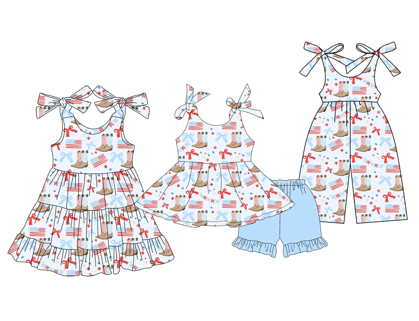 Baby Girl July 4th Boots Flags Bows Sibling Jumpsuit Dress Set ( Moq 5 Each Style ) 3.20