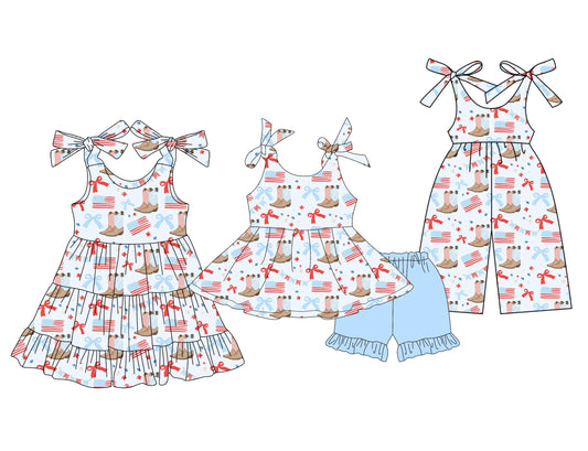 Baby Girl July 4th Boots Flags Bows Sibling Jumpsuit Dress Set ( Moq 5 Each Style ) 3.20