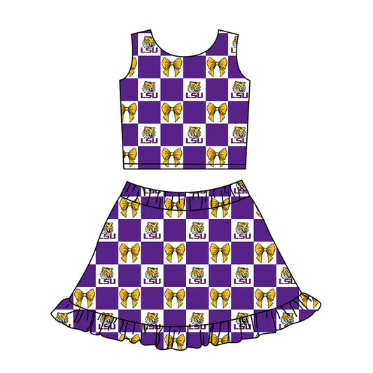 ( Moq 5 Each Style ) Baby Girls Kids Toddler Tigers Bows Purple Plaid Tops Shorts Ruffle Skirt Team Set