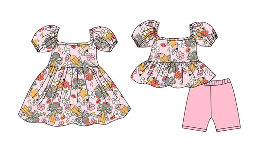 ( Moq 5 Each Style ) Baby Girls Kids Pencil Bows Flower Sibling Back to School Dress Set