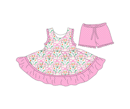 ( Moq 5 each style ) Baby Girl Pink Sleeveless Floral Bows Sibling Knee Length Dress Shorts 4.15