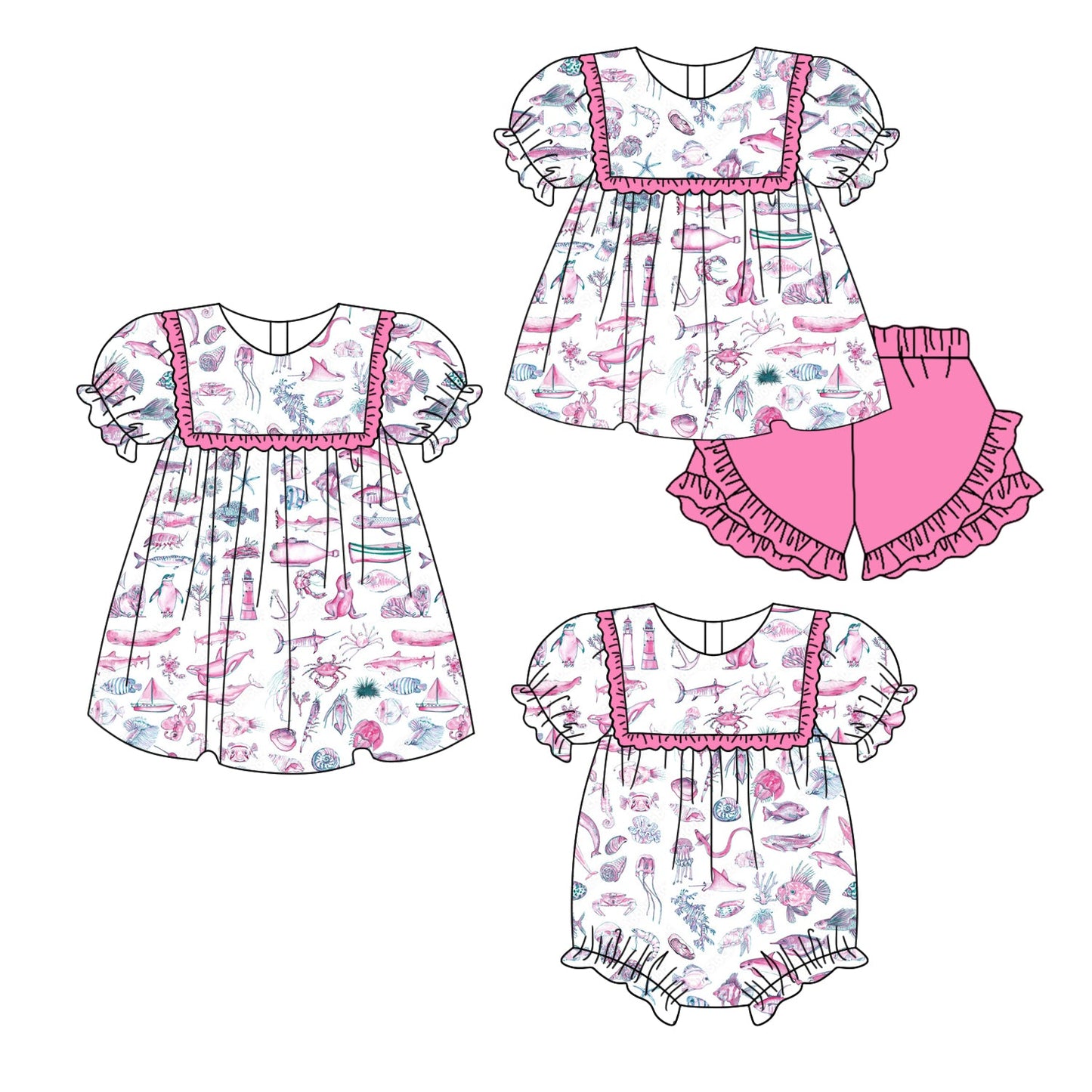 Baby Girl Short Sleeves Ocean Animals Sibling Romper Dress Set ( Moq 5 Each Style ) 2.17