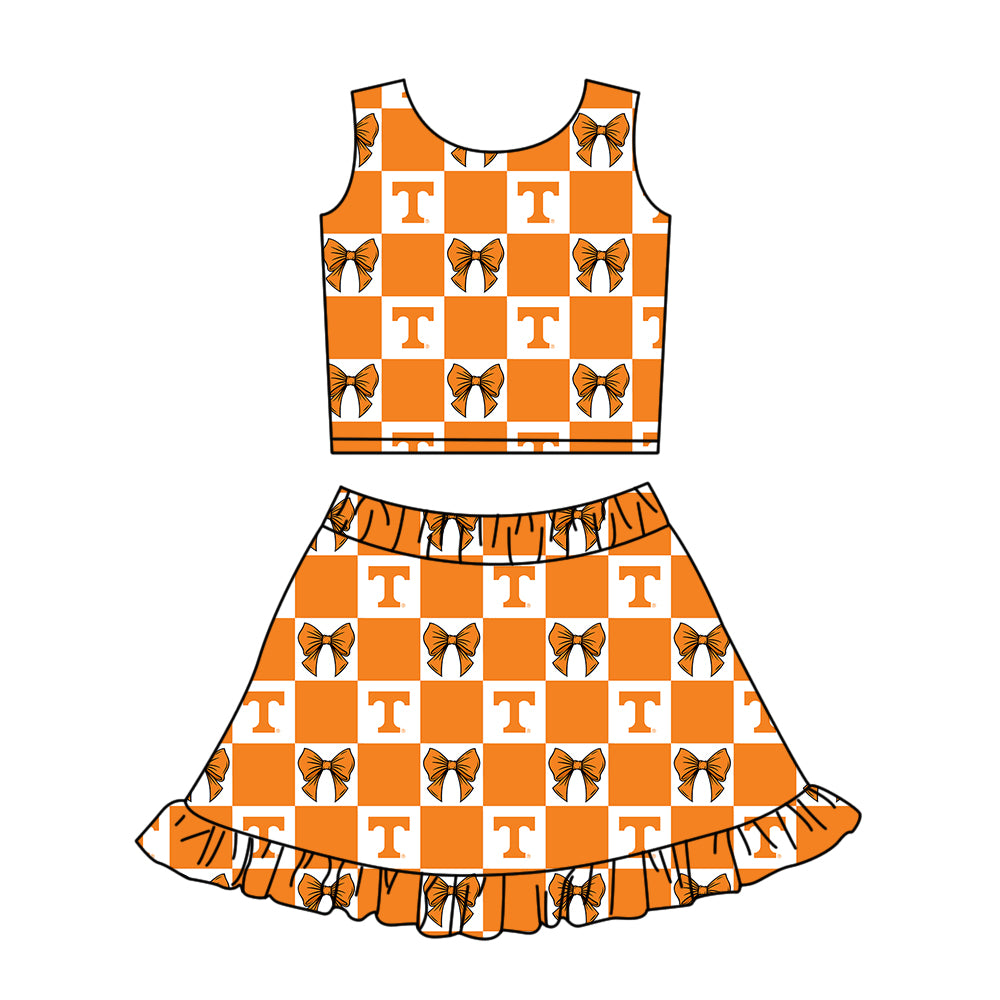 ( Moq 5 Each Style ) Baby Girls Kids Toddler T Orange Bows Plaid Tops Shorts Ruffle Skirt Team Set