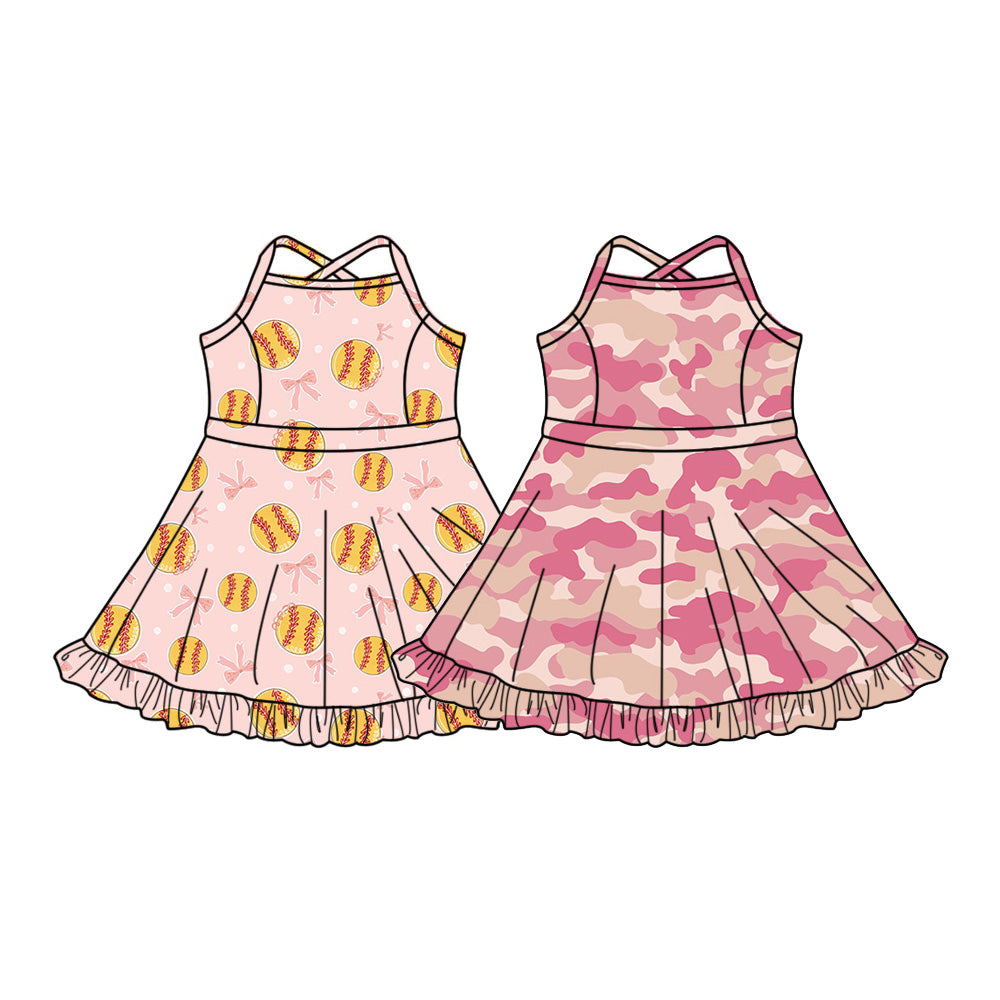 ( Moq 5 Each Style ) Sibling Baby Girls Kids Sleeveless Softball Bows Camo Knee Length Dresses Clothes