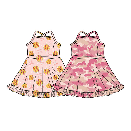 ( Moq 5 Each Style ) Sibling Baby Girls Kids Sleeveless Softball Bows Camo Knee Length Dresses Clothes
