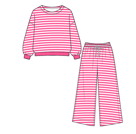 ( Moq 5 ) Baby Girls Kids Long Sleeves Hot Pink Stripes Shirt Pants Set Clothes
