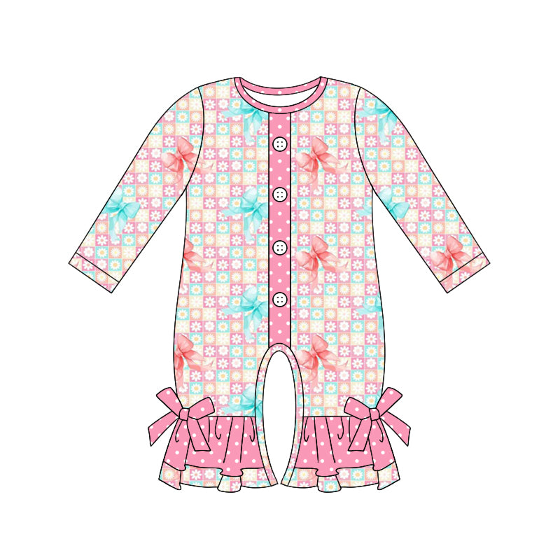 Baby Girl Long Sleeves Flower Bows Plaid Ruffle Romper