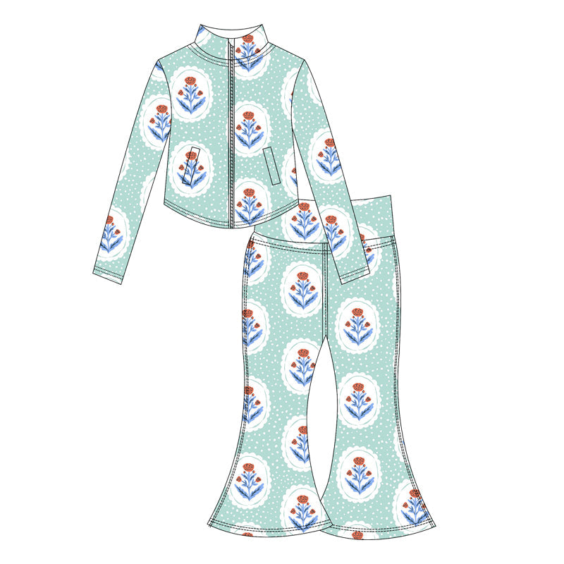 ( Moq 10 ) Baby Girl Green Long Sleeves Flower Pockets Zipper Tops Bell Bottom Pants Activity Wear Yoga Set