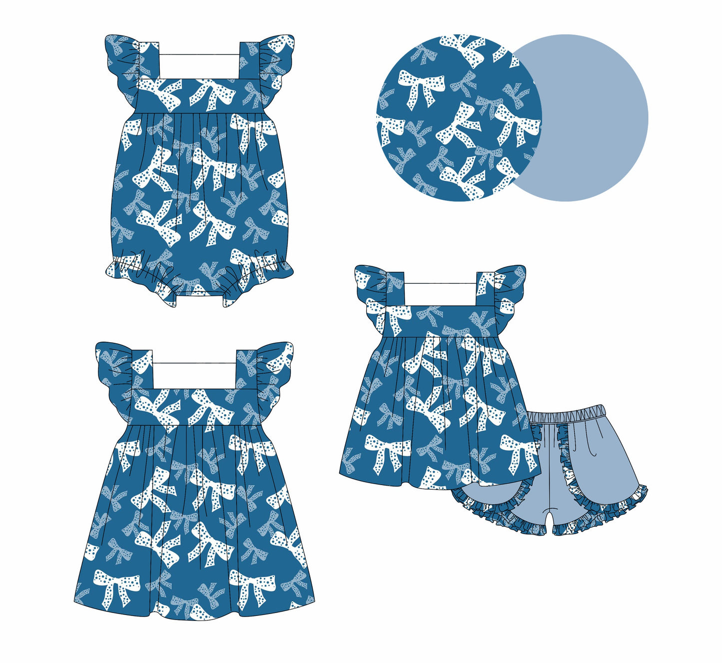 Baby Girl Short Sleeves Bows Blue Sibling Romper Dress Set ( Moq 5 Each Style ) 4.3