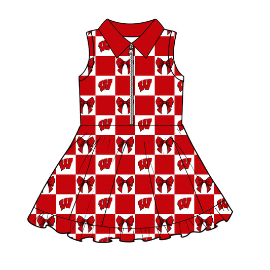 ( Moq 5 ) Baby Girls Kids Toddler W Bows Red Checked Team Zipper Shorts Knee Length Dress
