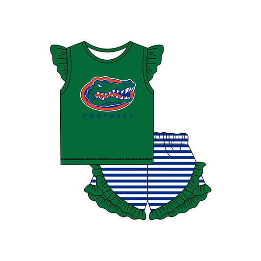 ( Moq 5 ) Baby Girls Short Sleeves Green Shirt Stripes Ruffle Shorts Team Clothes Set