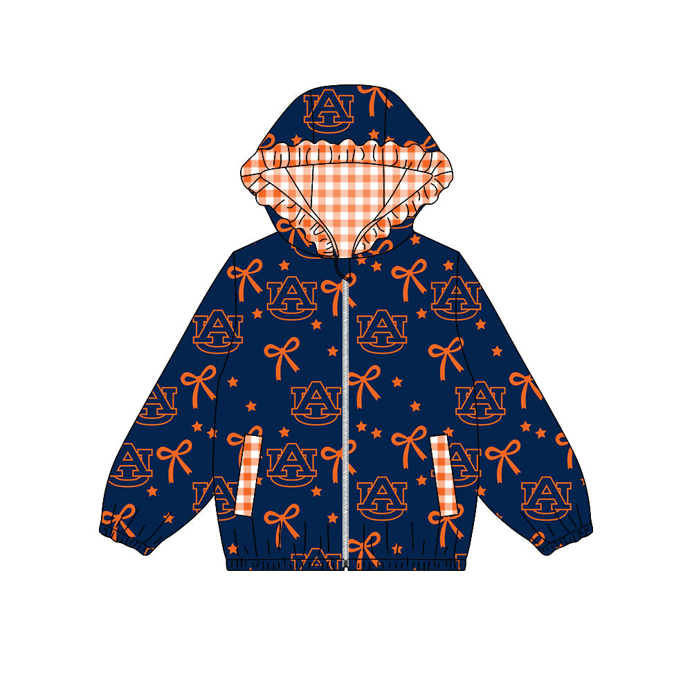 ( Moq 5 ) Custom Baby Girl Kids Bows Pockets Zipper Ruffle Hoodie Navy Coat Team Tops