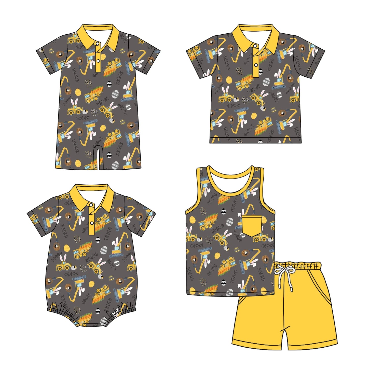 ( Moq 5 Each Style ) Baby Boys Rabbits Trucks Easter Sibling Romper Shirt Set
