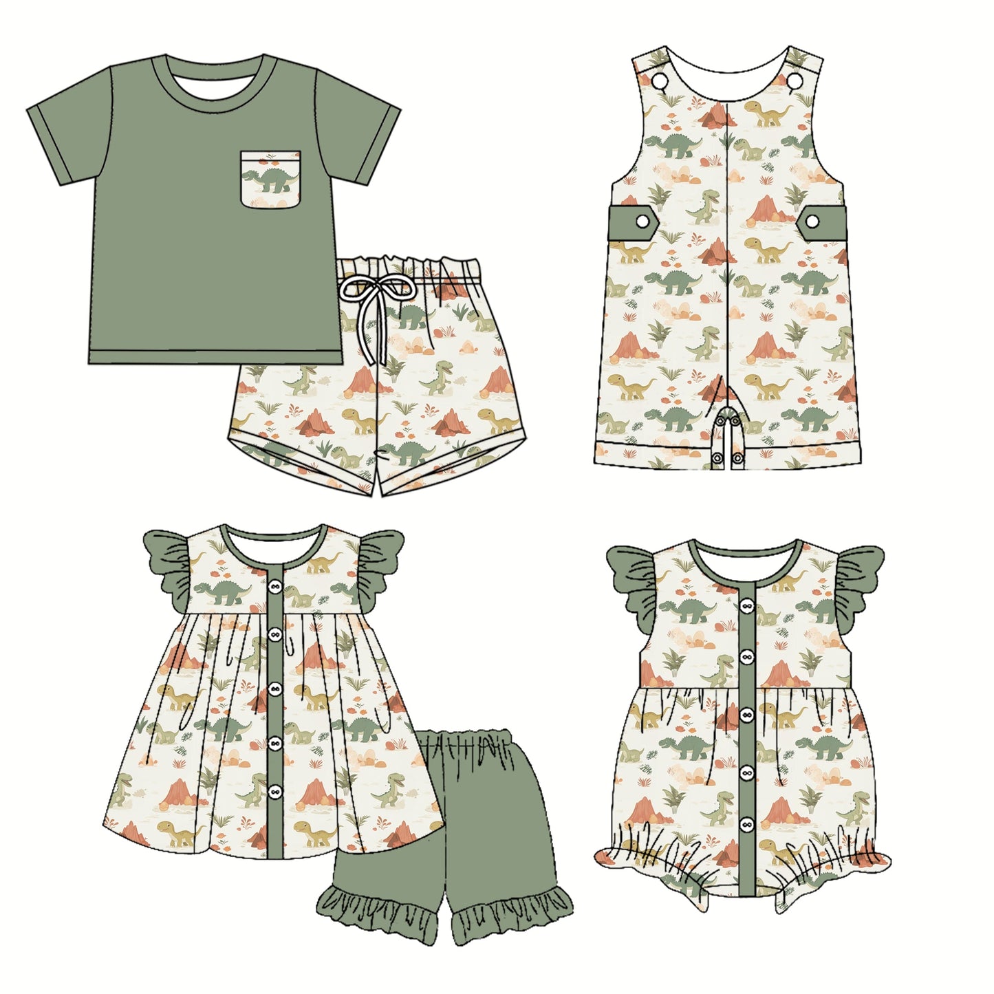 Baby Boy Girl Dinosaurs Sibling Summer Romper Set ( Moq 5 Each Style ) 3.22