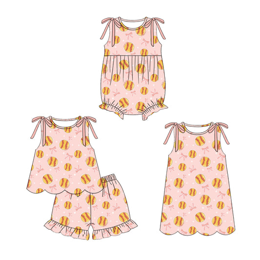 ( Moq 5 Each Style ) Sibling Baby Girls Kids Softball Bows Romper Dress Set Summer Clothes