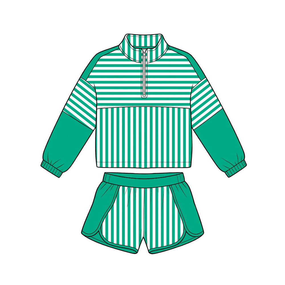 ( Moq 5 ) Baby Girls Kids Long Sleeves Zipper Pullover Stripes Shorts Team Set Clothes