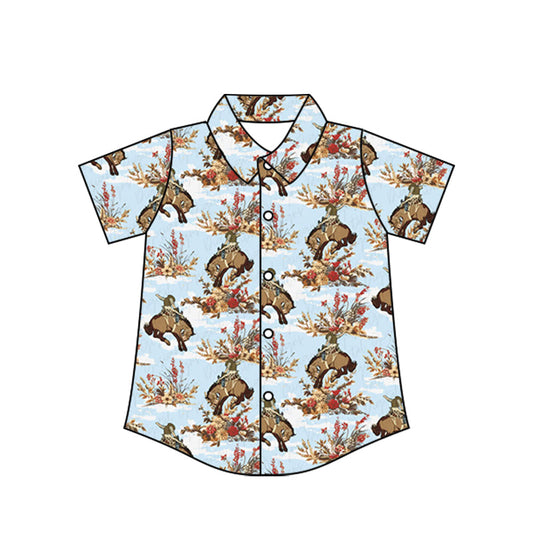 ( Moq 5 ) Baby Boy Short Sleeves Western Horse Rodeos Button Shirt Tops