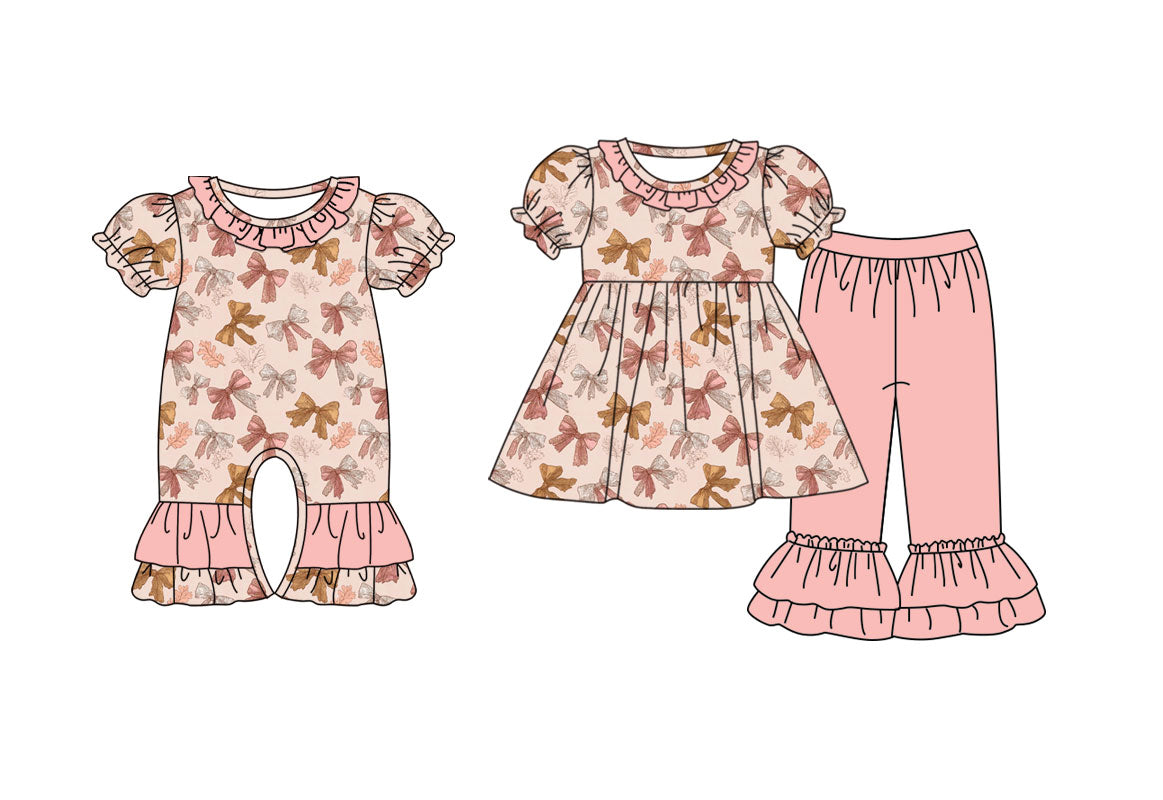 ( Moq 5 Each Style ) Baby Girls Kids Short Sleeves Bows Leaves Sibling Romper Set Clothes