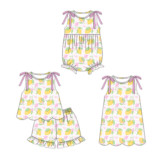 ( Moq 5 Each Style ) Sibling Baby Girls Kids Lemon Flower Romper Dress Set Yellow Clothes