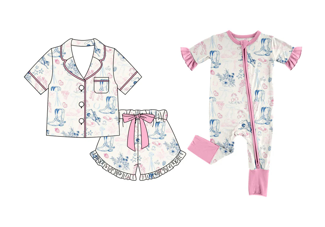 ( Moq 5 Each Style ) Baby Girls Kids Toddler Boots Bows Flower Sibling Summer Zipper Romper Pajamas Set