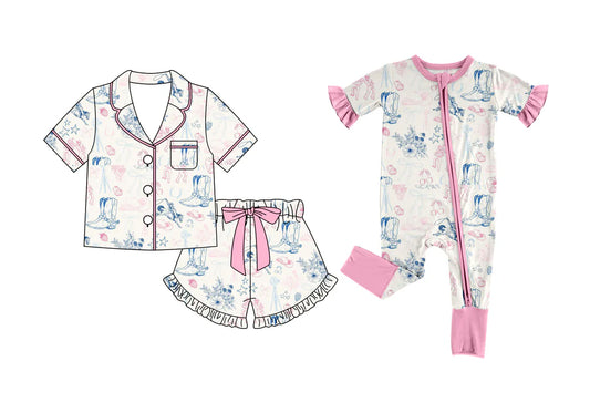 ( Moq 5 Each Style ) Baby Girls Kids Toddler Boots Bows Flower Sibling Summer Zipper Romper Pajamas Set