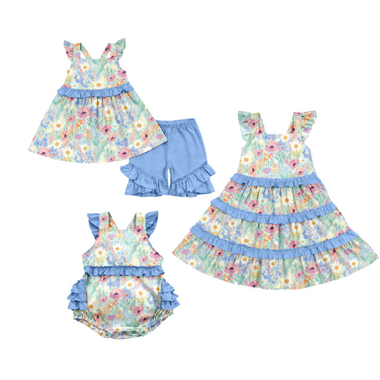 ( Moq 5 Each Style ) Baby Girls Kids Short Sleeves Flower Sibling Blue Ruffle Romper Dress Set