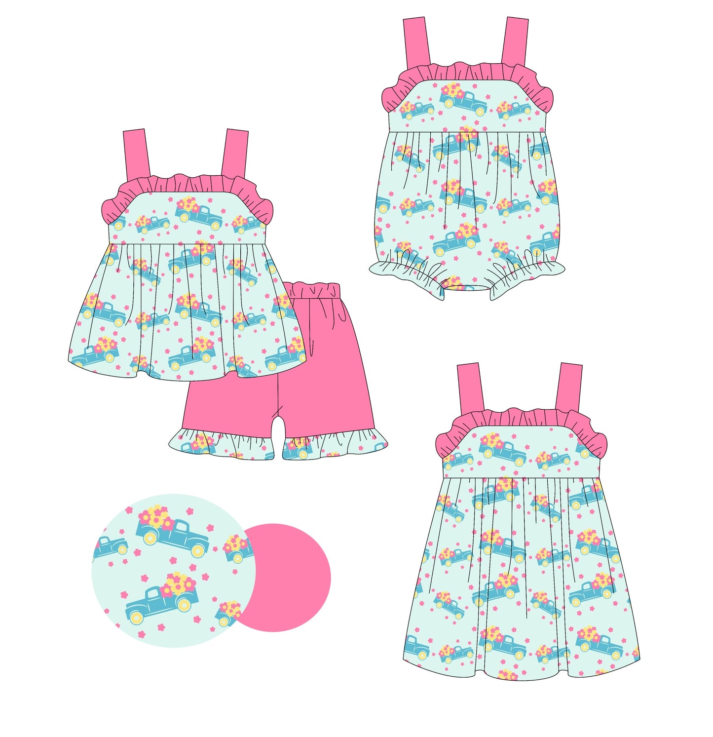 ( Moq 5 Each Style ) Baby Girl Straps Trucks Flower Sibling Romper Dress Set 3.15