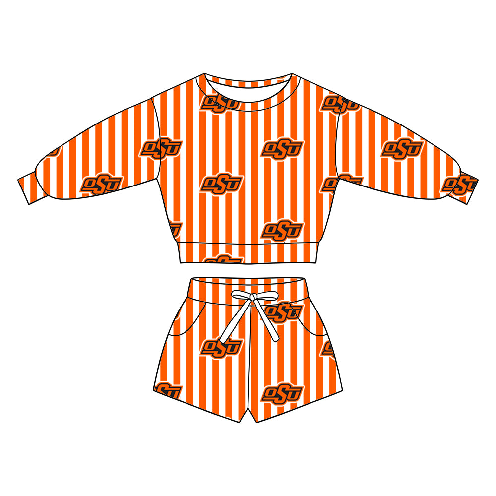( Moq 5 ) Baby Girls Kids Long Sleeves Shirt Pockets Shorts Team Set Clothes