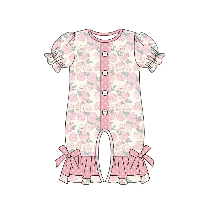 Baby Girl Infant Short Sleeves Flower Ruffle Buttons Romper