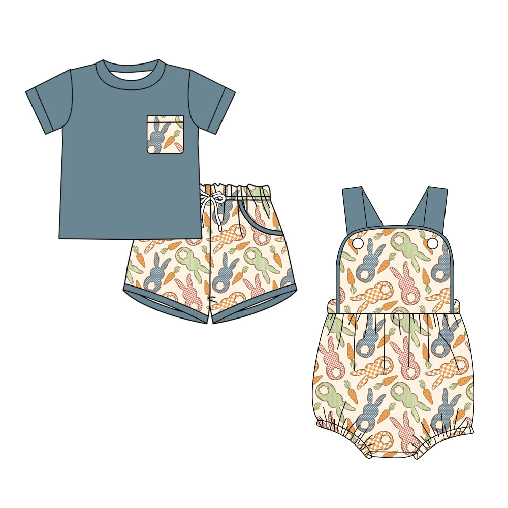 ( Moq 5 Each Style ) Baby Boys Kids Rabbits Carrots Sibling Easter Romper Set