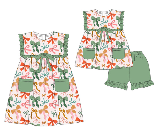 ( Moq 5 Each Style ) Baby Girl Short Sleeves Pockets Bows Sibling Dress Set 3.29